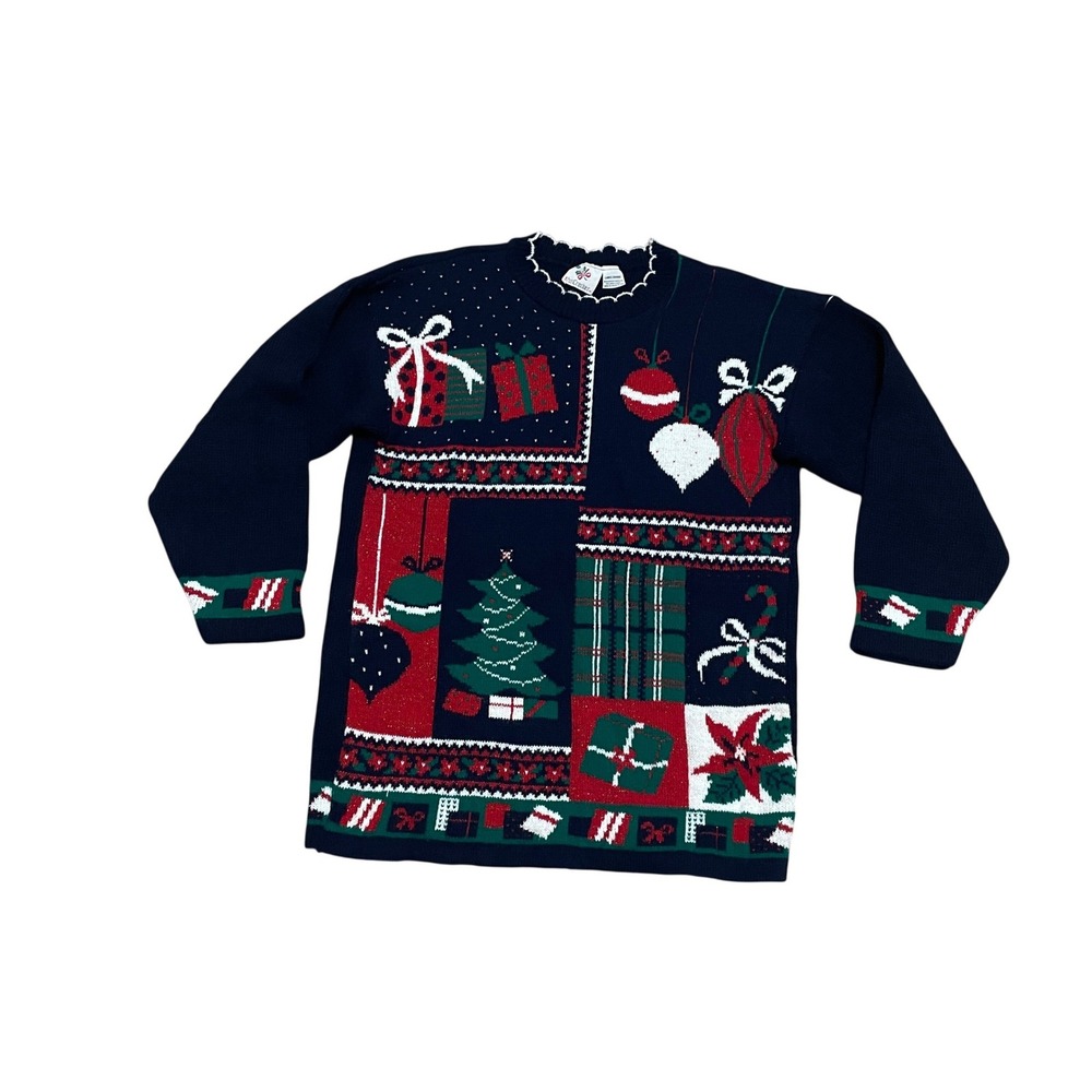 VTG 90s Nutcracker Women's Large Christmas Sweater Navy Blue Metallic Patchwork